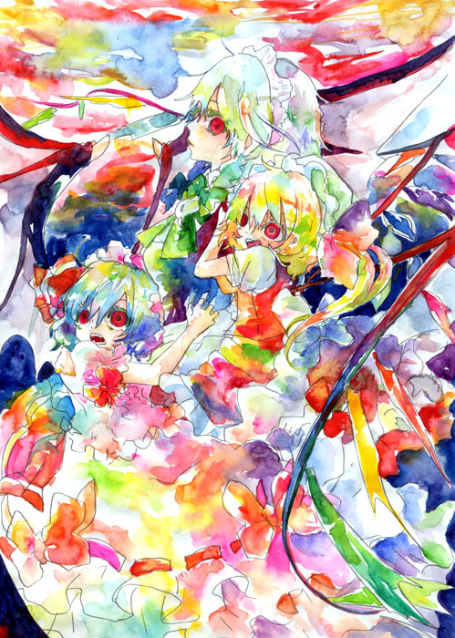 yaka (pixiv), flandre scarlet, izayoi sakuya, remilia scarlet, touhou, bad id, bad pixiv id, inactive account, painting (medium), traditional media, watercolor (medium), 3girls, blonde hair, blue hair, female focus, maid, multiple girls, ribbon, short hair, wings
