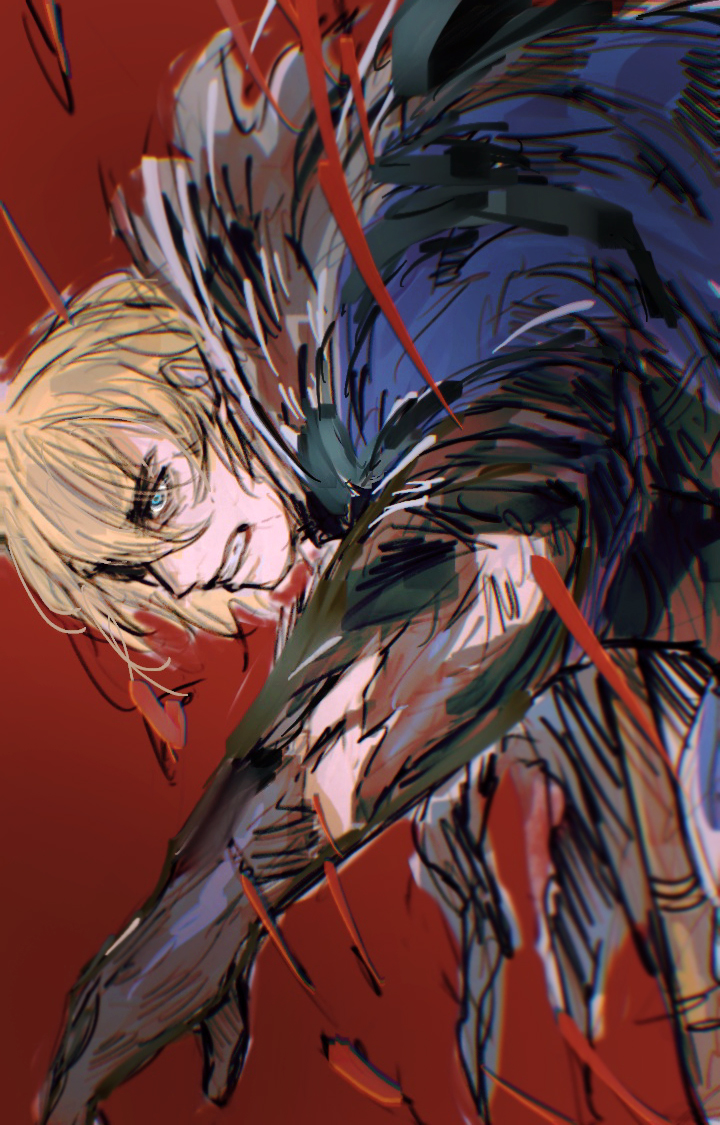 lno408, dimitri alexandre blaiddyd, dimitri alexandre blaiddyd (timeskip), fire emblem, fire emblem: three houses, nintendo, commentary, hashtag-only commentary, 1boy, arm up, blonde hair, blue cape, blue eyes, cape, clenched teeth, hair behind ear, male focus, parted bangs, red background, sideways, solo, teeth, weapon