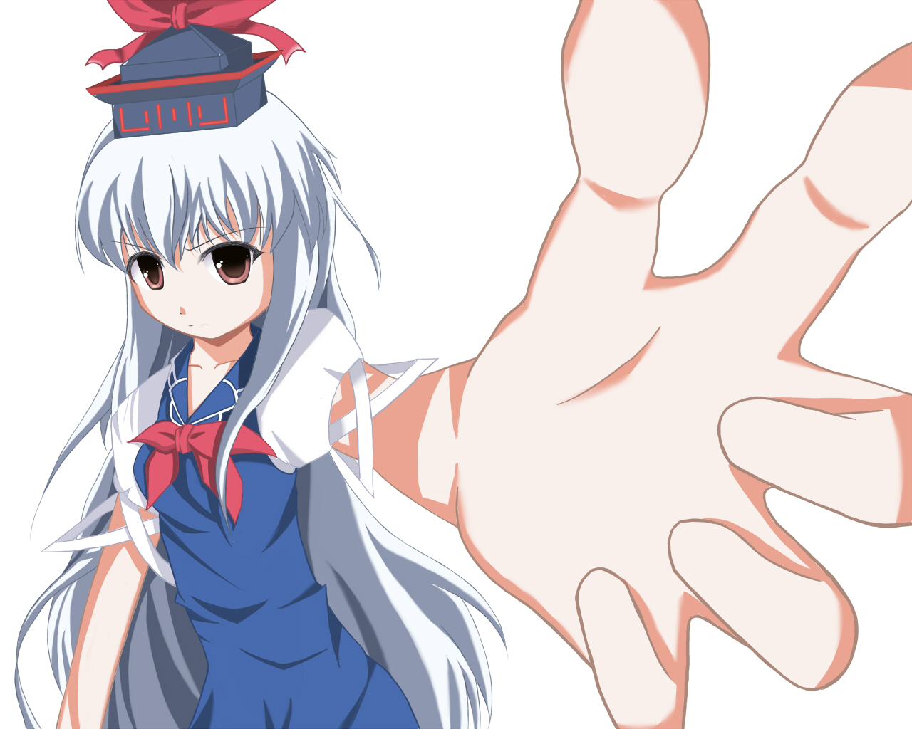 gofukiimo (psempsemn), horagai, kamishirasawa keine, touhou, bad id, bad pixiv id, 1girl, female focus, hat, long hair, outstretched arm, outstretched hand, reaching, ribbon, solo