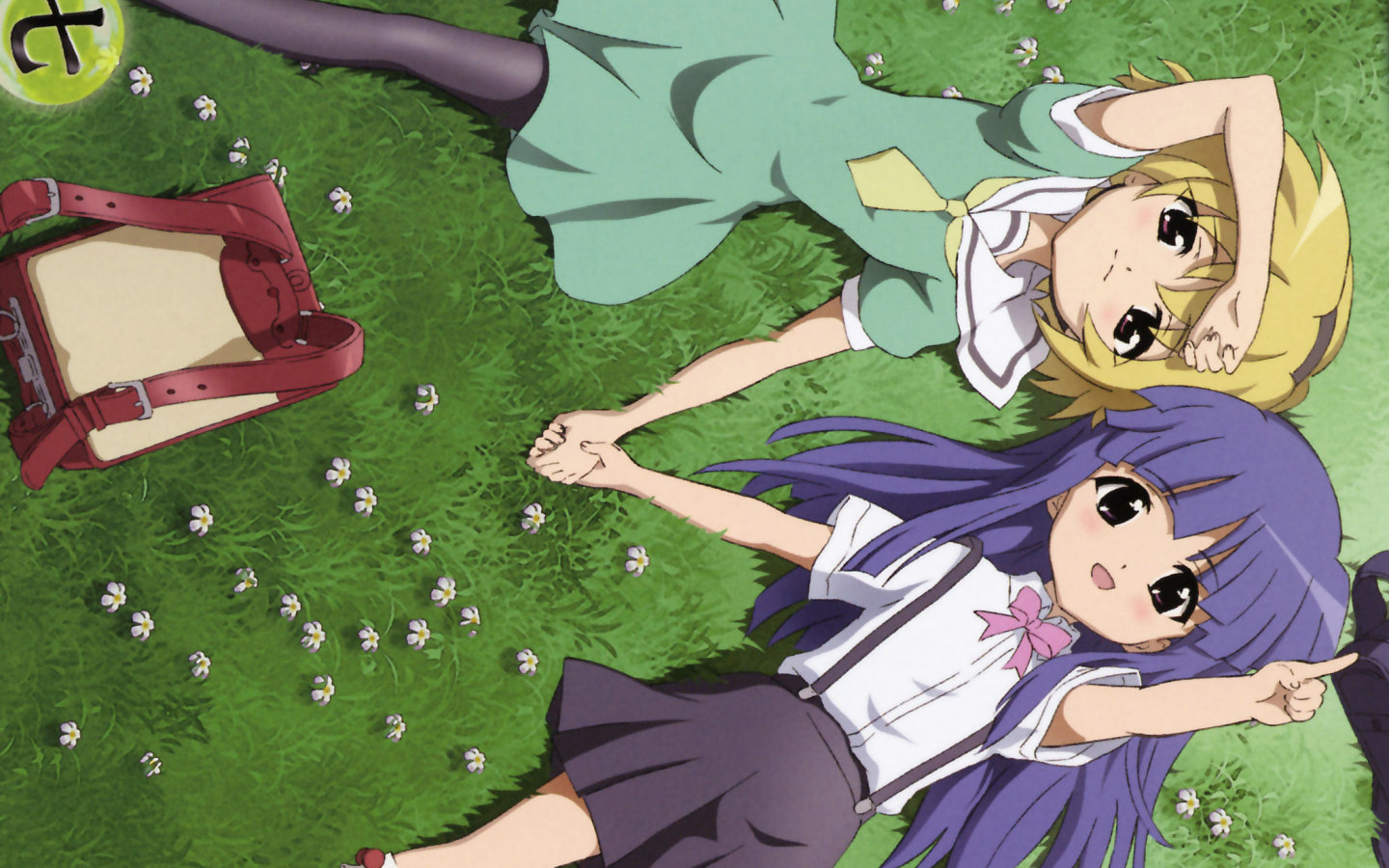 sakai kyuuta, furude rika, houjou satoko, higurashi no naku koro ni, black legwear, 00s, 2girls, bag, blonde hair, blouse, collared shirt, grass, green skirt, holding hands, lying, multiple girls, pantyhose, pointing, shirt, skirt, suspender skirt, suspenders, white shirt