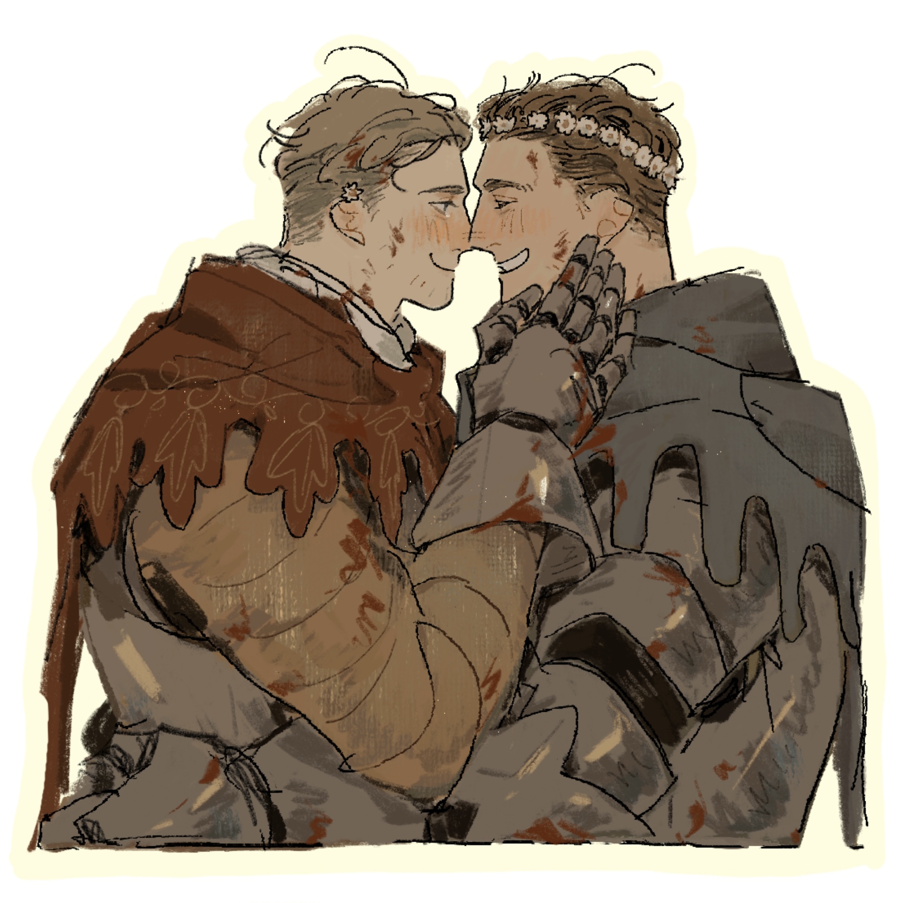 thi (just minhthi), hans capon, henry of skalitz, kingdom come: deliverance ii, alt text, commentary, hashtag-only commentary, highres, 2boys, armor, black capelet, blonde hair, blood, blood on armor, blood on clothes, blush, breastplate, brown hair, capelet, closed mouth, cropped torso, flower, flower wreath, from side, gauntlets, grin, hand on another's face, looking at another, male focus, multiple boys, pauldrons, profile, red capelet, shoulder armor, simple background, smile, teeth, white background, white flower, yaoi