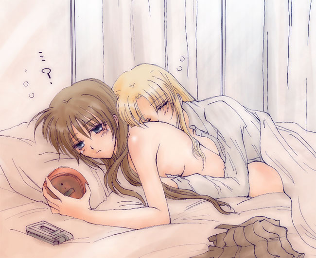 lina (interlude), fate testarossa, takamachi nanoha, lyrical nanoha, mahou shoujo lyrical nanoha, mahou shoujo lyrical nanoha strikers, 00s, 2girls, aftersex, alarm clock, bed, blonde hair, breasts on another's back, cellphone, clock, cuddling, groping, half-closed eyes, hug, multiple girls, nude, phone, skirt, sleeping, under covers, unworn skirt, yuri