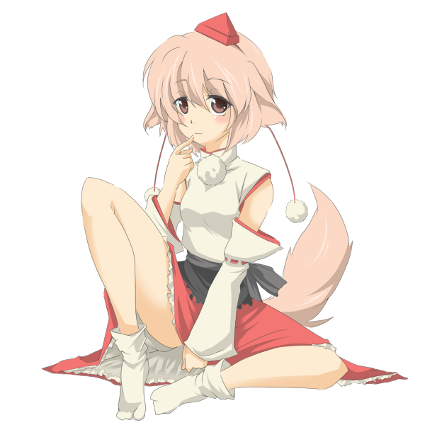 hayagiri, inubashiri momiji, touhou, bad id, bad pixiv id, 1girl, animal ears, blush, brown eyes, detached sleeves, female focus, full body, hat, pink hair, short hair, simple background, sitting, socks, solo, tail, thighs, white background