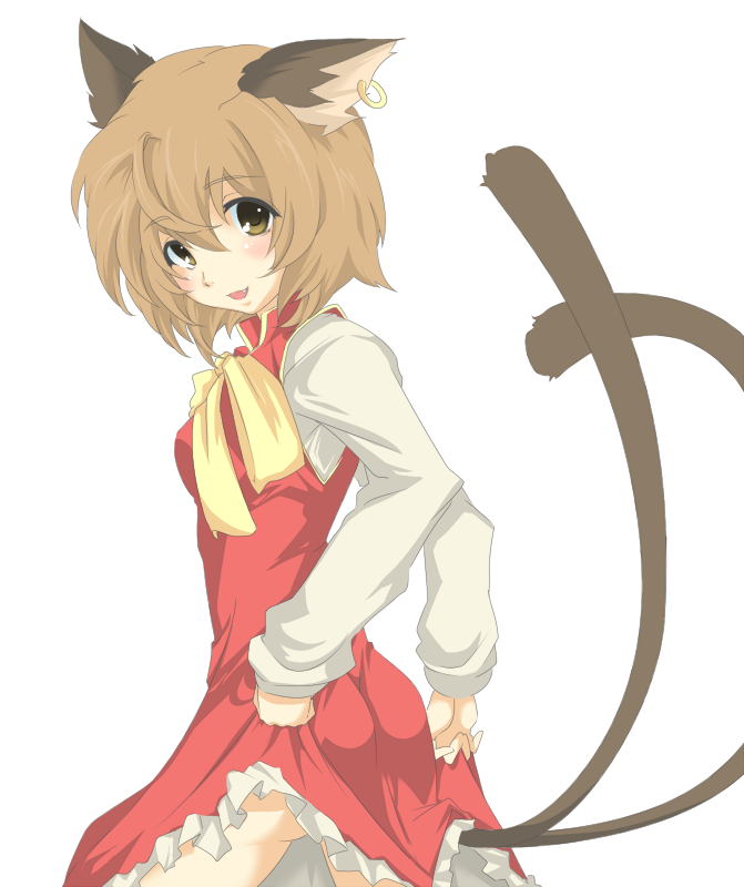 hayagiri, chen, touhou, bad id, bad pixiv id, 1girl, animal ears, ass, blush, brown eyes, brown hair, cat ears, cat girl, cat tail, clothes lift, dress, earrings, fang, female focus, jewelry, multiple tails, short hair, simple background, skirt, skirt lift, solo, tail, white background