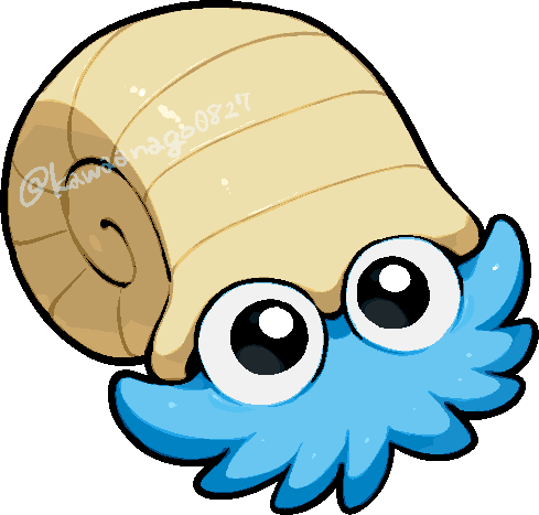 kawaanago, omanyte, nintendo, pokemon, commentary request, lowres, animal focus, black eyes, bright pupils, chibi, chibi only, full body, gen 1 pokemon, no humans, pokemon (creature), pokemon focus, shell, solo, tentacles, transparent background, twitter username, white pupils