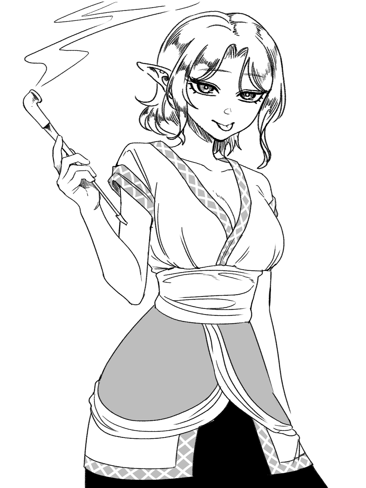 yokozuna iwashi, mizuhashi parsee, touhou, commentary request, highres, 1girl, breasts, cleavage, closed mouth, cowboy shot, greyscale, holding, holding smoking pipe, kiseru, looking at viewer, medium breasts, monochrome, parted hair, pointy ears, sash, shirt, short hair, short sleeves, simple background, skirt, smile, smoking pipe, solo, tongue, tongue out