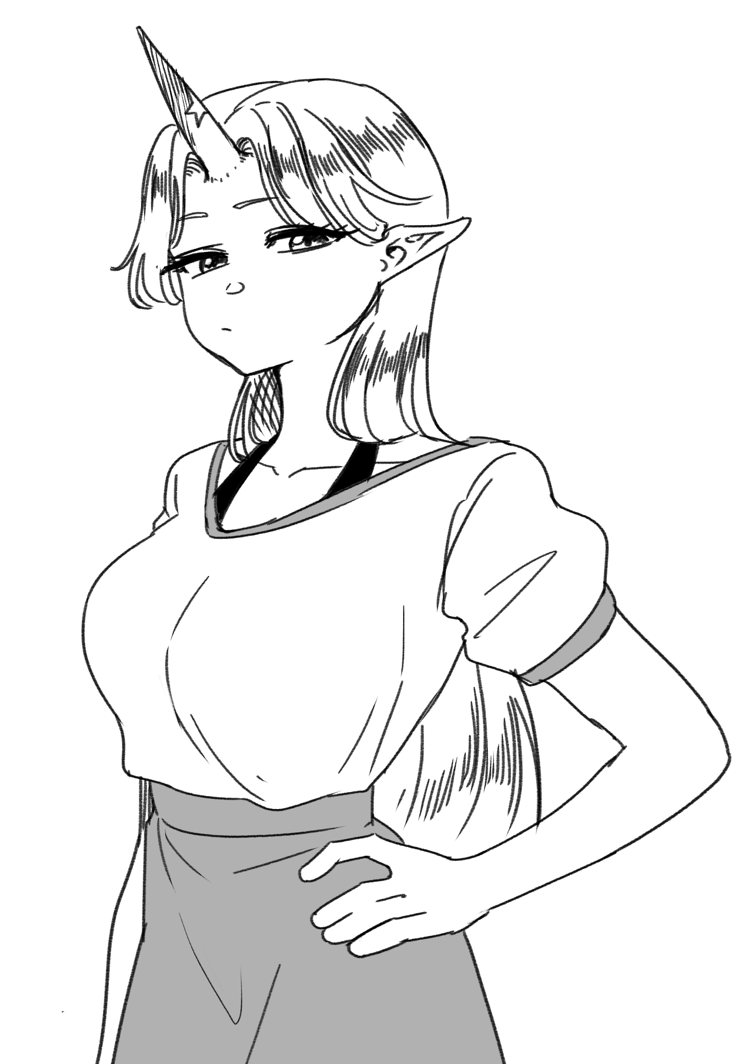 yokozuna iwashi, hoshiguma yuugi, touhou, commentary request, highres, 1girl, alternate costume, bra strap, breasts, closed mouth, cowboy shot, expressionless, greyscale, hand on own hip, horns, long hair, looking at viewer, medium breasts, monochrome, parted bangs, pointy ears, shirt, simple background, single horn, skirt, solo, star (symbol), v-neck