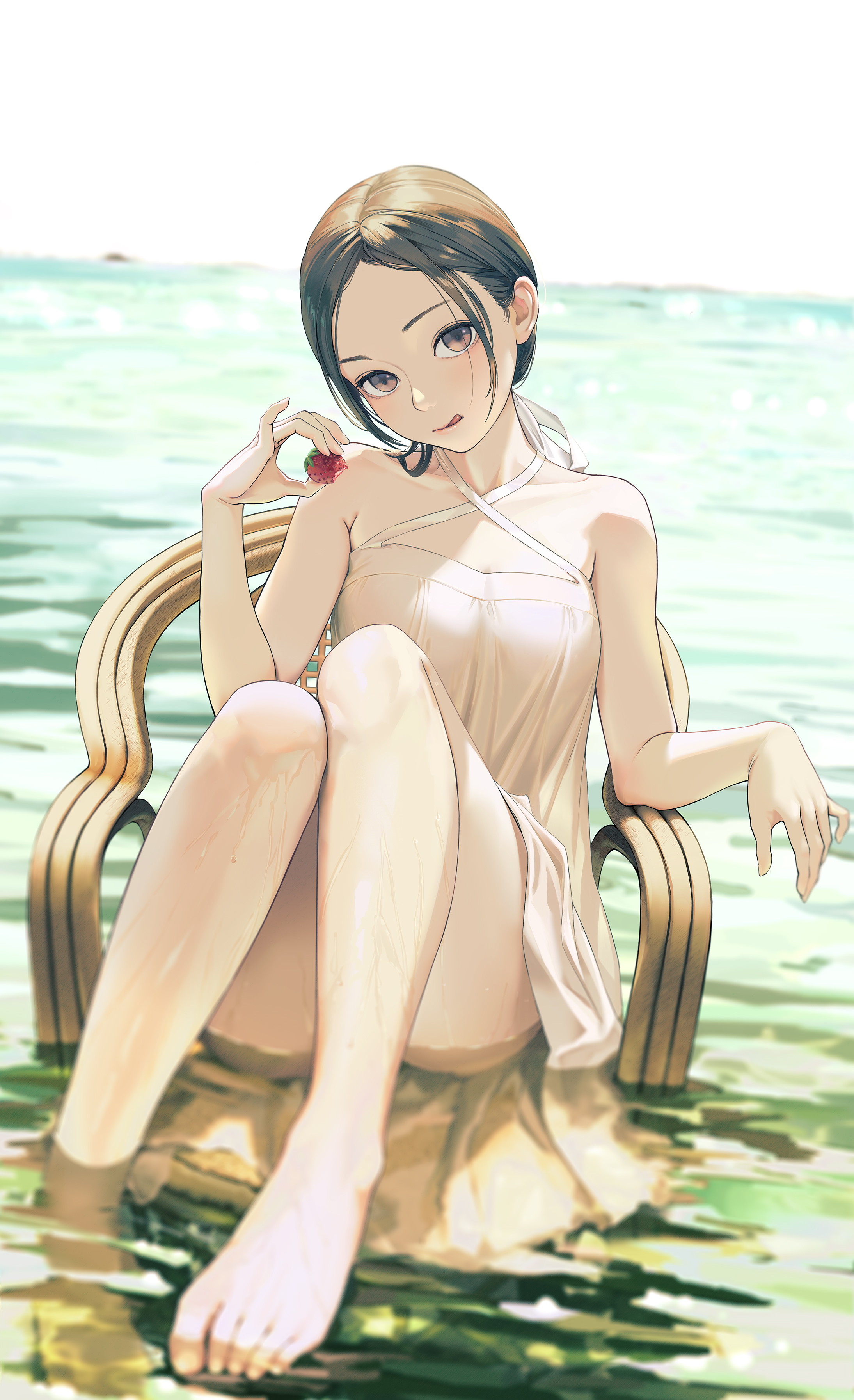 tooku0, original, absurdres, commentary, english commentary, highres, revision, 1girl, :q, barefoot, black hair, breasts, chair, criss-cross halter, dress, feet, food, fruit, full body, halterneck, head tilt, holding, holding food, holding fruit, knees up, long hair, looking at viewer, medium breasts, ocean, on chair, outdoors, partially submerged, purple eyes, sitting, sky, solo, strawberry, toenails, toes, tongue, tongue out, wet, white dress