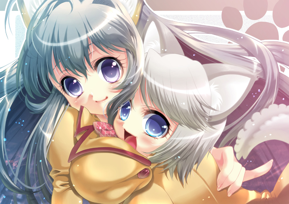 shuuko, ezomori nozomu, minamoto chizuru, kanokon, silver hair, 00s, 2girls, animal ears, blue eyes, breast press, breasts, fox ears, hug, large breasts, multiple girls, purple eyes, school uniform, serafuku, tail, wolf ears
