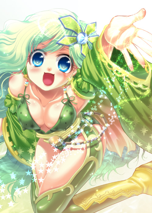 shuuko, rydia (adult) (ff4), rydia (ff4), final fantasy, final fantasy iv, 1990s (style), 1girl, blue eyes, boots, breasts, cleavage, covered erect nipples, detached sleeves, earrings, female focus, green hair, green thighhighs, hair ornament, jewelry, large breasts, leotard, long hair, retro artstyle, solo, star (symbol), thighhighs, yellow boots