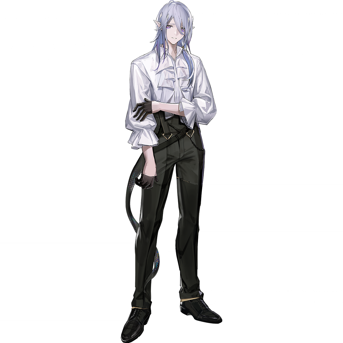 cenm0, shalem (arknights), arknights, highres, official art, third-party source, 1boy, bishounen, black gloves, black pants, black shoes, eyeshadow, eyeshadow under eye, formal clothes, full body, gloves, hair between eyes, hair over one eye, half gloves, hand on own arm, long hair, long sleeves, looking at viewer, makeup, male focus, no jacket, pants, parted lips, partially open shirt, pointy ears, puffy long sleeves, puffy sleeves, purple eyes, purple eyeshadow, purple hair, shirt, shoes, simple background, snake boy, snake tail, solo, standing, tachi-e, tail, three-quarter sleeves, transparent background, white shirt, worried