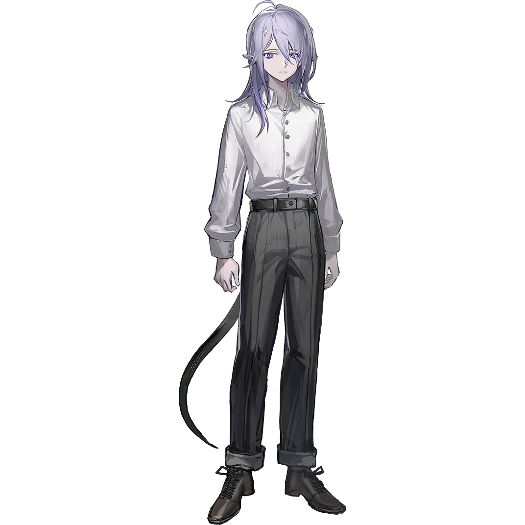 cenm0, shalem (arknights), arknights, official art, third-party source, 1boy, aged down, arms at sides, belt, bishounen, brown shoes, eyeshadow, eyeshadow under eye, full body, grey pants, long sleeves, looking at viewer, makeup, male focus, medium hair, official alternate costume, pants, pointy ears, purple eyes, purple eyeshadow, purple hair, shirt, shoes, simple background, snake boy, snake tail, solo, standing, tachi-e, tail, transparent background, white shirt, worried