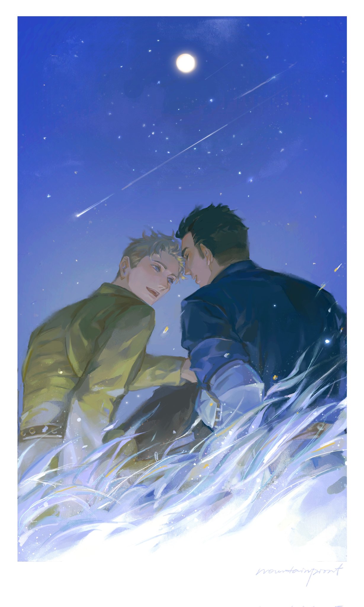 hans capon, henry of skalitz, kingdom come: deliverance ii, chinese commentary, commentary request, highres, 2boys, blonde hair, blue eyes, blue shirt, border, brown hair, full moon, grass, hand on another's knee, long sleeves, looking at another, male focus, moon, mountainpiont, multiple boys, open mouth, outdoors, shirt, shooting star, sideburns, sitting, sky, star (sky), starry sky, teeth, upper teeth only, white border, yaoi, yellow shirt