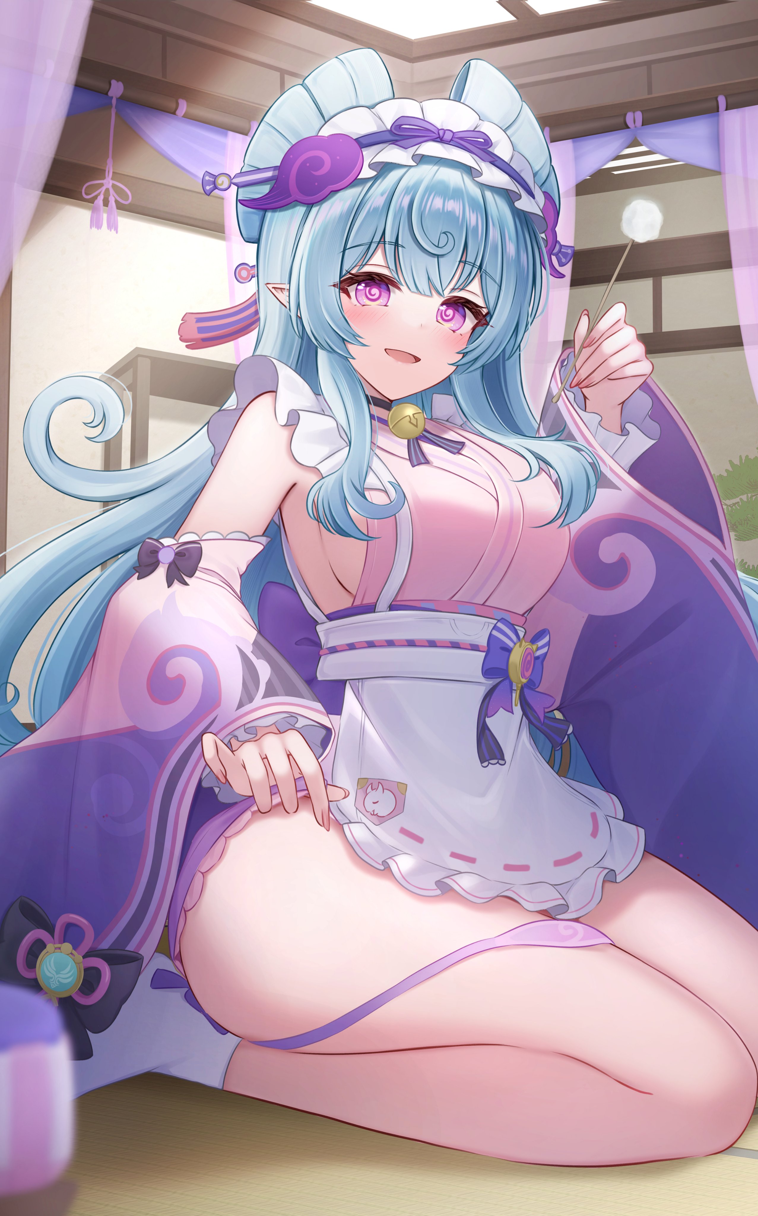 yukiunag1, yumemizuki mizuki, genshin impact, absurdres, commentary request, highres, 1girl, anemo symbol (genshin impact), black bow, blue hair, blush, bow, breasts, day, detached sleeves, fingernails, hand up, holding, indoors, japanese clothes, kimono, large breasts, long hair, mimikaki, nihongami, parted lips, pink kimono, pointy ears, purple eyes, seiza, sideboob, sitting, sleeveless, sleeveless kimono, solo, symbol-shaped pupils, very long hair, vision (genshin impact)