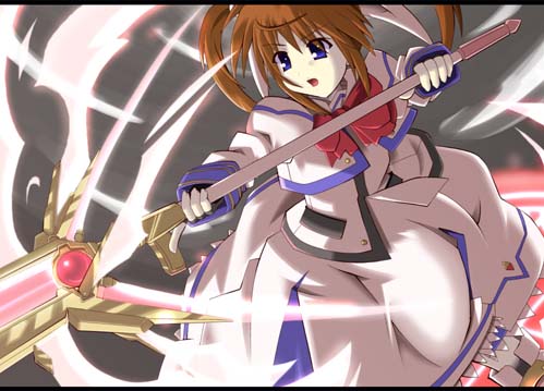 shin'ya (nanp), raising heart, takamachi nanoha, lyrical nanoha, mahou shoujo lyrical nanoha, lowres, 00s, 1girl, blue eyes, brown hair, female focus, purple eyes, solo