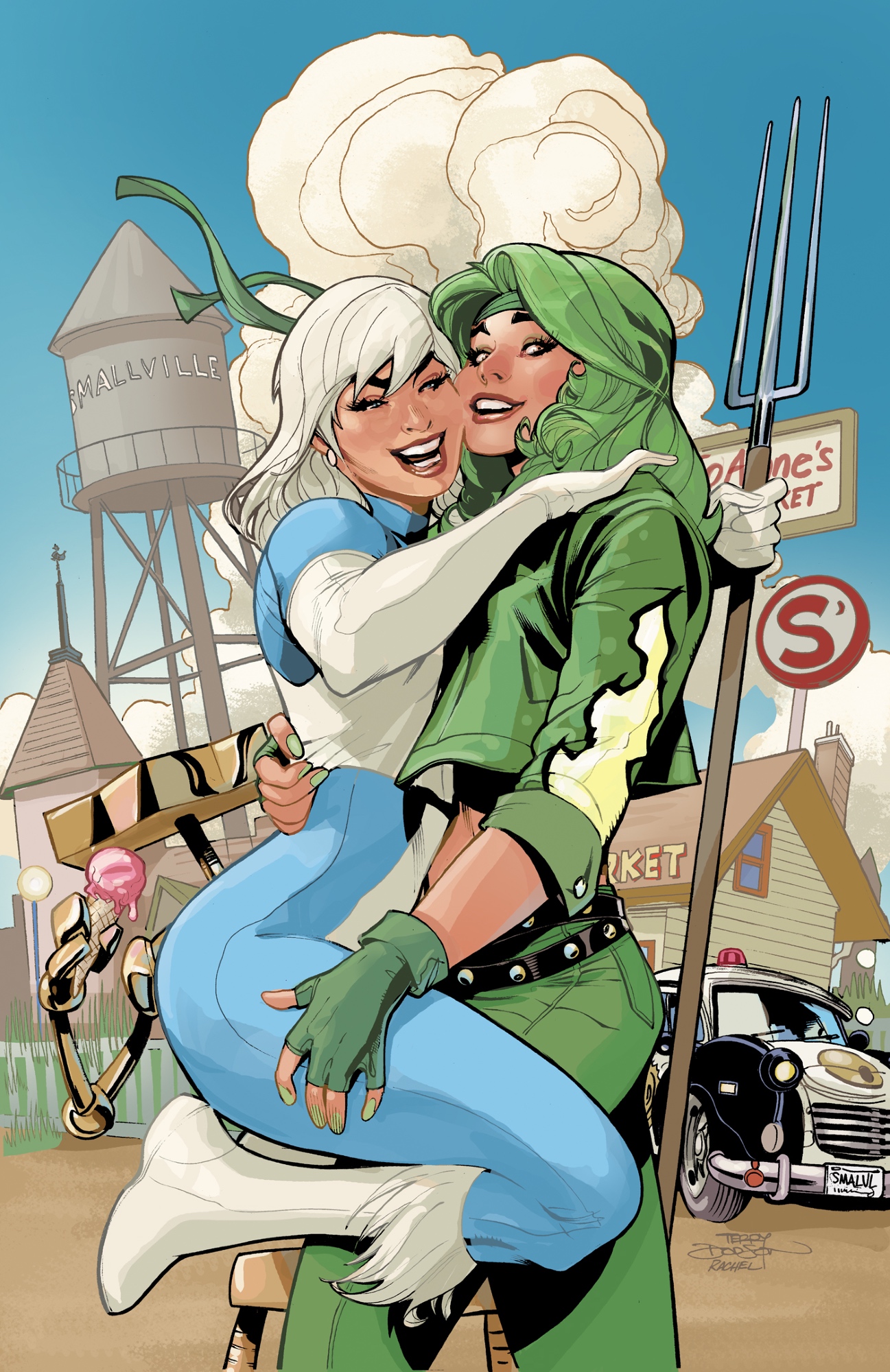 rachel dodson, terry dodson, fire (dc), ice (dc), dc comics, artist collaboration, highres, 2girls, beatriz da costa, blue pants, blue sky, boots, car, cloud, day, elbow gloves, fingerless gloves, gloves, green gloves, green hair, green jacket, green pants, holding, holding pitchfork, hug, jacket, long hair, looking at viewer, motor vehicle, multiple girls, open mouth, outdoors, pants, pitchfork, police car, signature, sky, teeth, tora olafsdotter, water tower, white boots, white hair