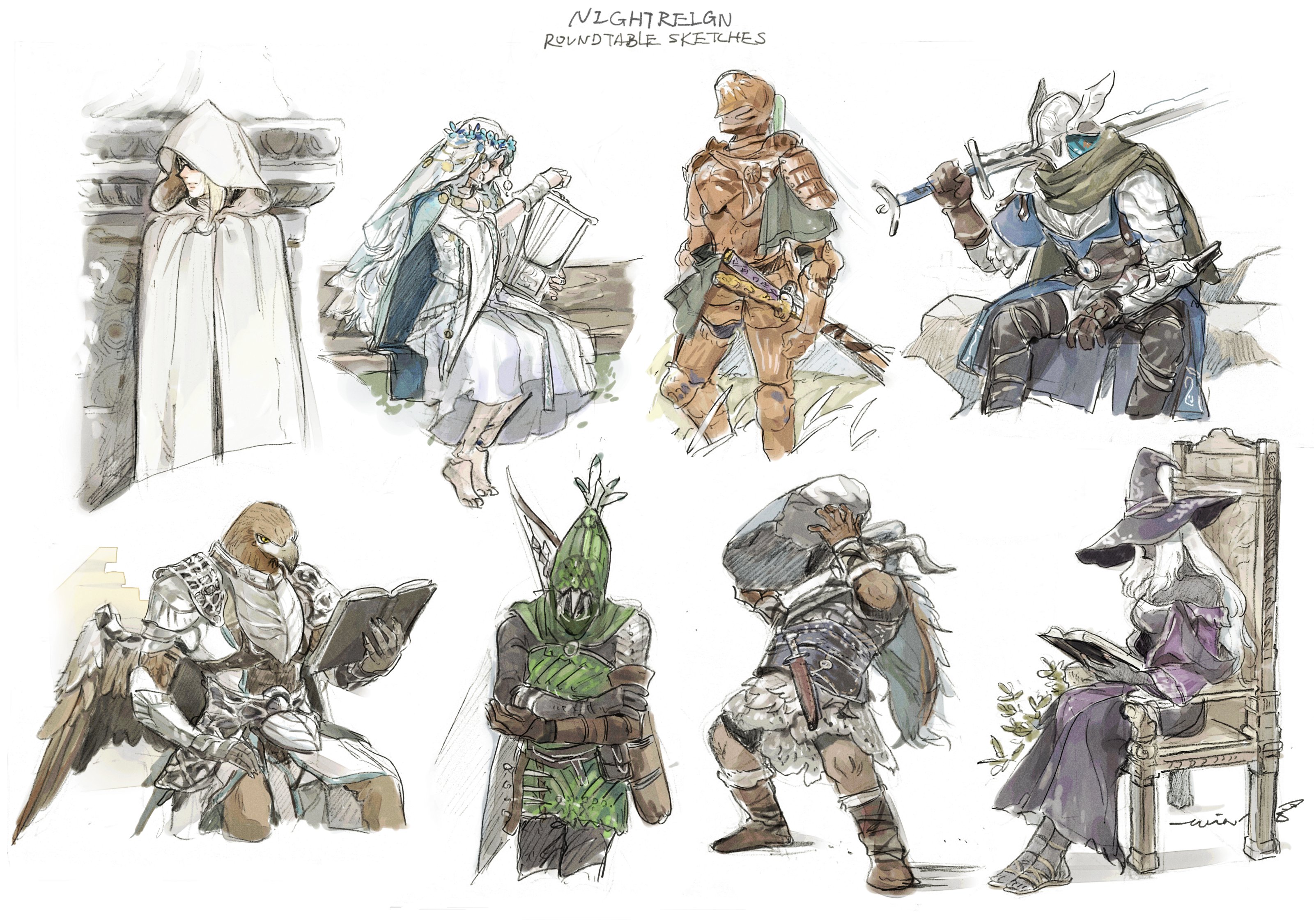 tina (tinashan2), duchess (elden ring), executor (elden ring), guardian (elden ring), ironeye (elden ring), raider (elden ring), recluse (elden ring), revenant (elden ring), wylder (elden ring), elden ring, elden ring nightreign, absurdres, highres, 3girls, 5boys, animal head, armor, bird boy, black boots, black capelet, black dress, black skin, blue tunic, book, boots, bow (weapon), breastplate, brown gloves, capelet, chair, cloak, colored skin, covered eyes, cowboy shot, dark-skinned female, dark skin, doll joints, dress, eye mask, feathered wings, flower wreath, full body, gloves, greaves, green hood, hat, head wreath, helmet, holding, holding book, holding instrument, holding lyre, holding rock, holding sword, holding weapon, hood, hood up, instrument, joints, katana, long hair, lyre, multiple boys, multiple girls, over shoulder, pauldrons, plume, robe, rock, sheath, sheathed, shoulder armor, sitting, standing, sword, tunic, veil, weapon, weapon on back, weapon over shoulder, white background, white cloak, white hair, white robe, wide sleeves, winged helmet, wings, witch, witch hat