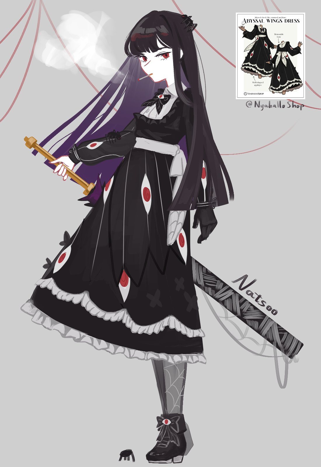 natsoo (natsoomeee), ryoshu (project moon), limbus company, project moon, highres, 1girl, alternate costume, black bow, black bowtie, black dress, black gloves, black hair, black shoes, bow, bowtie, bug, cigarette, dress, e.g.o (project moon), eye print, full body, gloves, grey background, grey pantyhose, holding, holding weapon, long hair, long sleeves, looking at viewer, pantyhose, red eyes, red eyes (e.g.o), sash, shoes, silk, simple background, smoking, solo, spider, spider web, standing, weapon, white sash