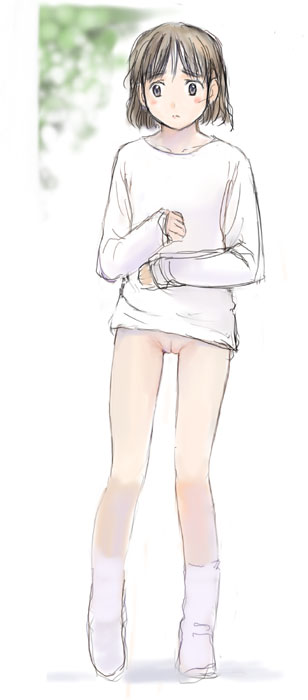 imo cyber, imomi, 1girl, averting eyes, blurry, blush, bottomless, cleft of venus, depth of field, female focus, flat chest, full body, long legs, long sleeves, naked sweater, no panties, outdoors, plant, pussy, simple background, sleeves past wrists, socks, solo, standing, sweater, uncensored, white background, white socks