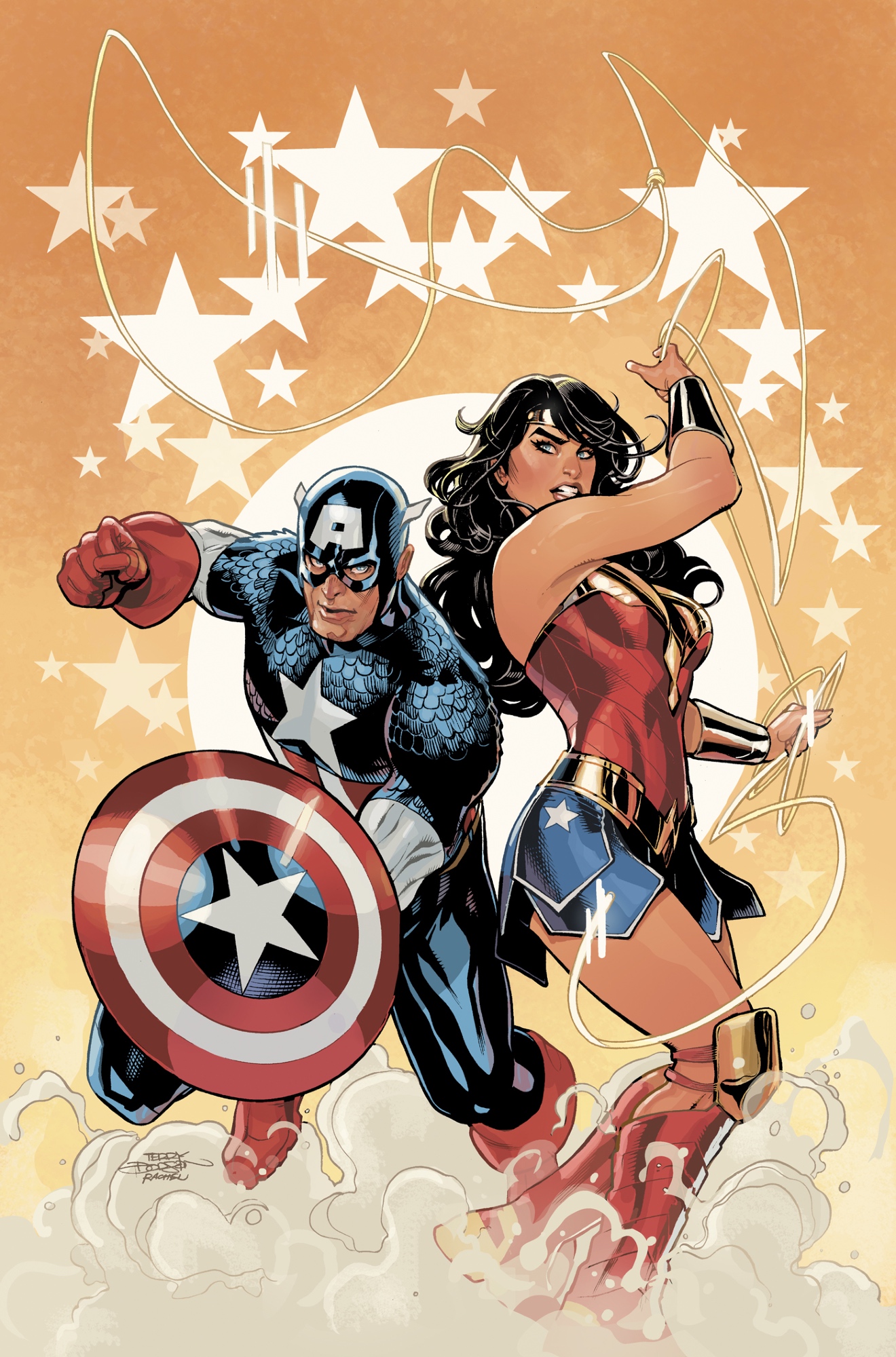 rachel dodson, terry dodson, captain america, wonder woman, dc comics, marvel, artist collaboration, highres, 1boy, 1girl, black hair, blue bodysuit, blue eyes, blue skirt, bodysuit, boots, bracer, clenched hand, crossover, gloves, holding, holding lasso, holding shield, lasso, lasso of truth, long hair, looking at viewer, red boots, red gloves, shield, signature, skirt, sleeveless, star (symbol), tiara