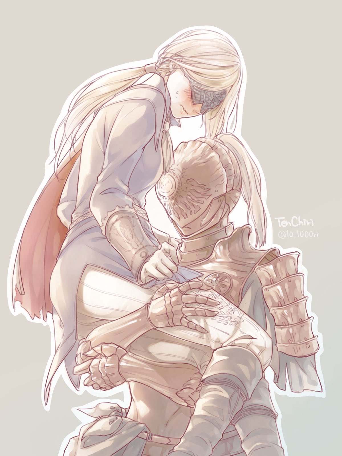 10 1000ri, duchess (elden ring), executor (elden ring), elden ring, elden ring nightreign, highres, 1boy, 1girl, armor, black boots, blonde hair, blue jacket, blush, boots, breastplate, capelet, carrying, carrying person, closed mouth, covered eyes, cowboy shot, eye mask, gauntlets, gloves, helmet, jacket, long hair, long sleeves, low ponytail, pants, pauldrons, plume, ponytail, shoulder armor, simple background, standing, twitter username, white gloves, white pants