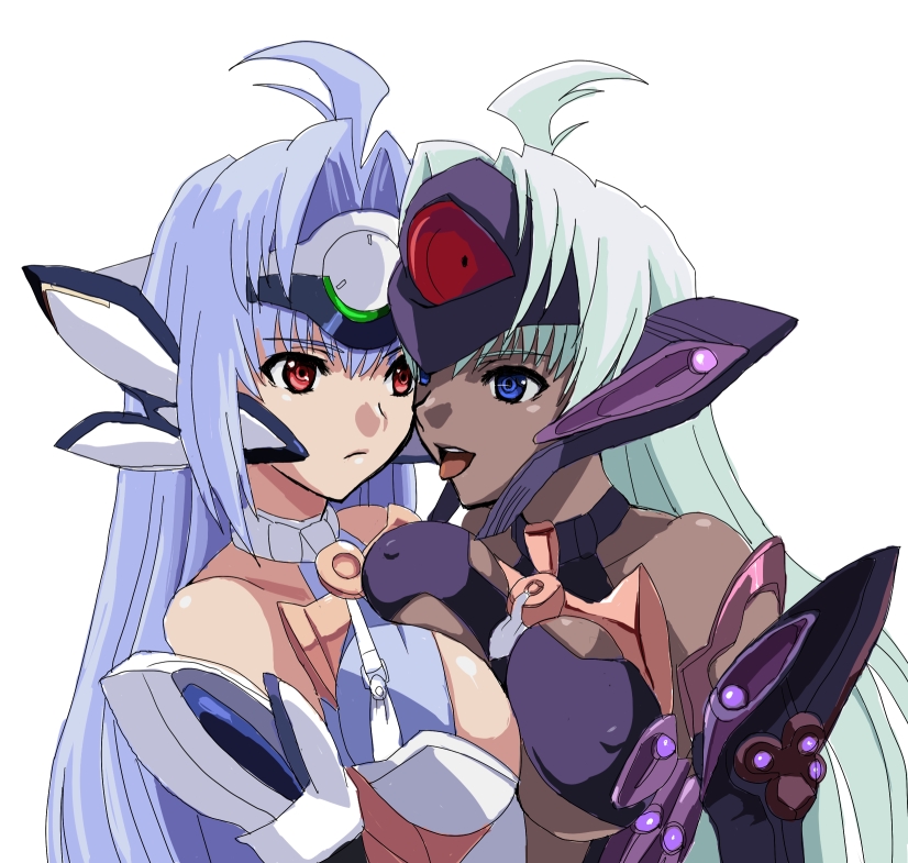 nisina, kos-mos, kos-mos ver. 4, t-elos, xenosaga, xenosaga episode iii, bad id, bad pixiv id, 00s, 2girls, android, blue eyes, blue hair, breast press, breasts, cyborg, dark-skinned female, dark skin, elbow gloves, face-to-face, gloves, large breasts, long hair, multiple girls, open mouth, red eyes, symmetrical docking, tongue, tongue out, white hair, yuri