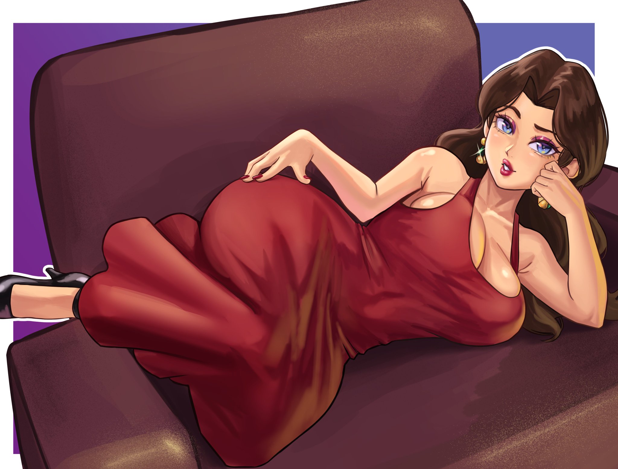 buglewdy, lewdybug, pauline (mario), mario (series), nintendo, highres, bare shoulders, blue eyes, breasts, brown hair, cleavage, couch, dress, high heels, lips, long hair, looking at viewer, lying, sleeveless, wide hips