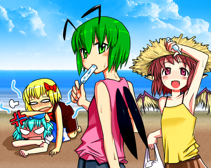 jouyo, cirno, mystia lorelei, rumia, wriggle nightbug, touhou, bad id, bad pixiv id, 4girls, antennae, armpits, blonde hair, blue hair, casual, contemporary, female focus, food, green hair, hat, multiple girls, mundane utility, ocean, pink hair, red eyes, ribbon, short hair, sweet potato, team 9 (touhou), wings