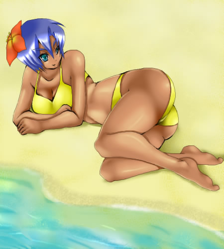 systemfake, gundam x, paula cis, after war gundam x, gundam, lowres, 1girl, ass, beach, bikini, blue eyes, blue hair, dark-skinned female, dark skin, feet, female focus, lying, matching hair/eyes, on side, short hair, solo, swimsuit, thighs