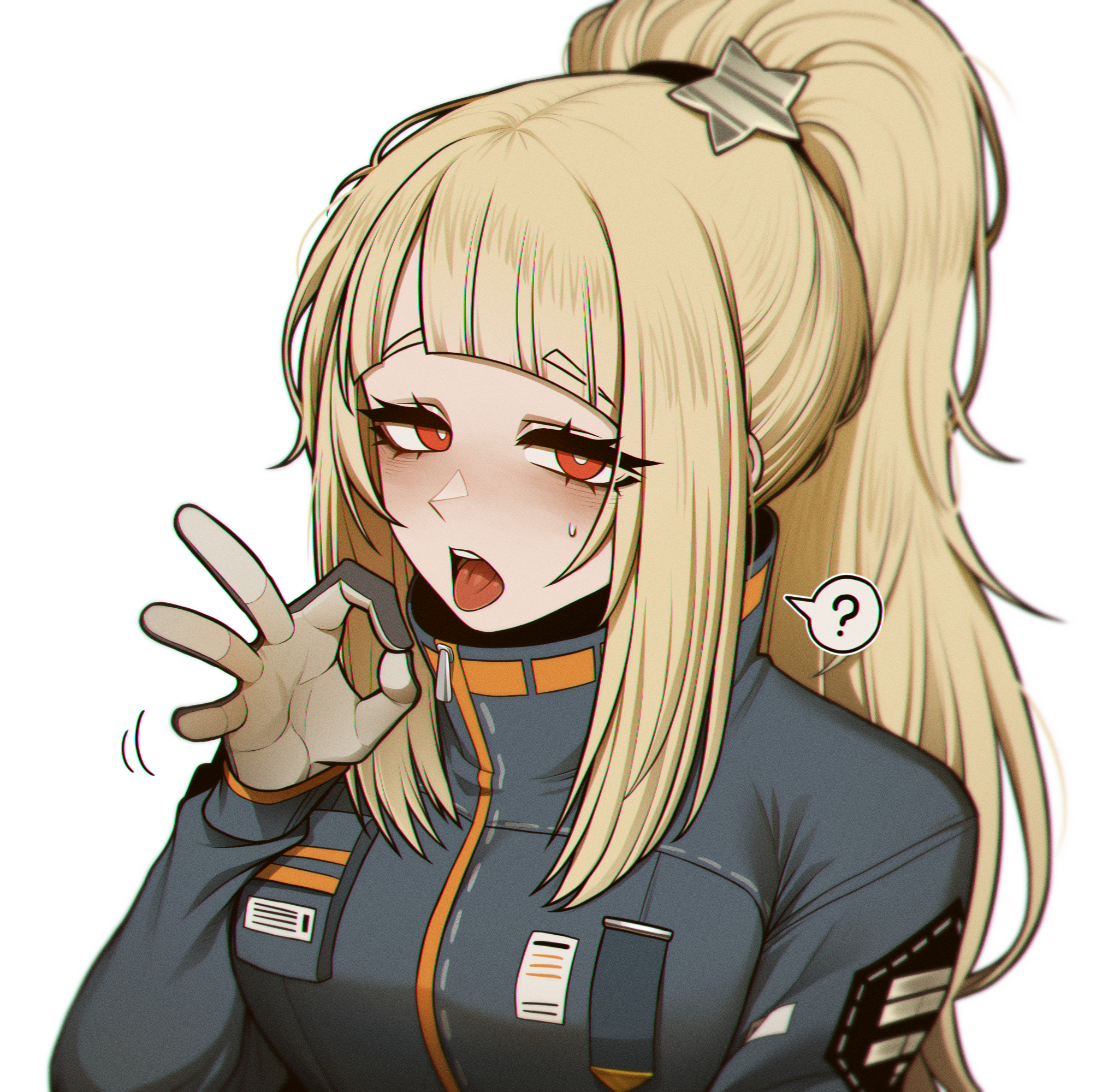 misg1111, ezra (project moon), project moon, highres, 1girl, ?, black gloves, black jacket, blonde hair, blush, breasts, eyes visible through hair, fellatio gesture, gloves, hair ornament, hair over one eye, hair tie, high ponytail, jacket, large breasts, long hair, long sleeves, looking at viewer, open mouth, patch, ponytail, red eyes, sexually suggestive, sidelocks, simple background, solo, speech bubble, spoken question mark, star (symbol), star hair ornament, sweat, sweatdrop, the distortion detective, tongue, two-tone gloves, upper body, white background, white gloves, zipper pull tab
