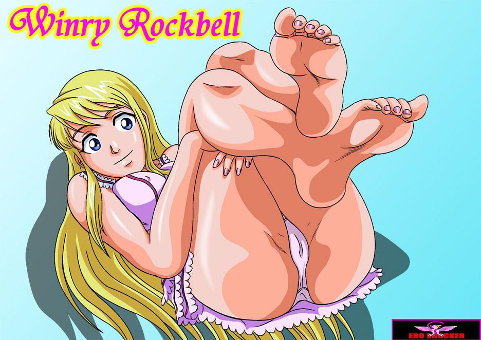 ero shocker, winry rockbell, fullmetal alchemist, 00s, 1girl, barefoot, blonde hair, blue eyes, breasts, cameltoe, feet, female focus, fingernails, large breasts, lingerie, long fingernails, long hair, nail (hardware), nail polish, panties, pink nails, soles, solo, thighs, toenail polish, toenails, toes, underwear, watermark