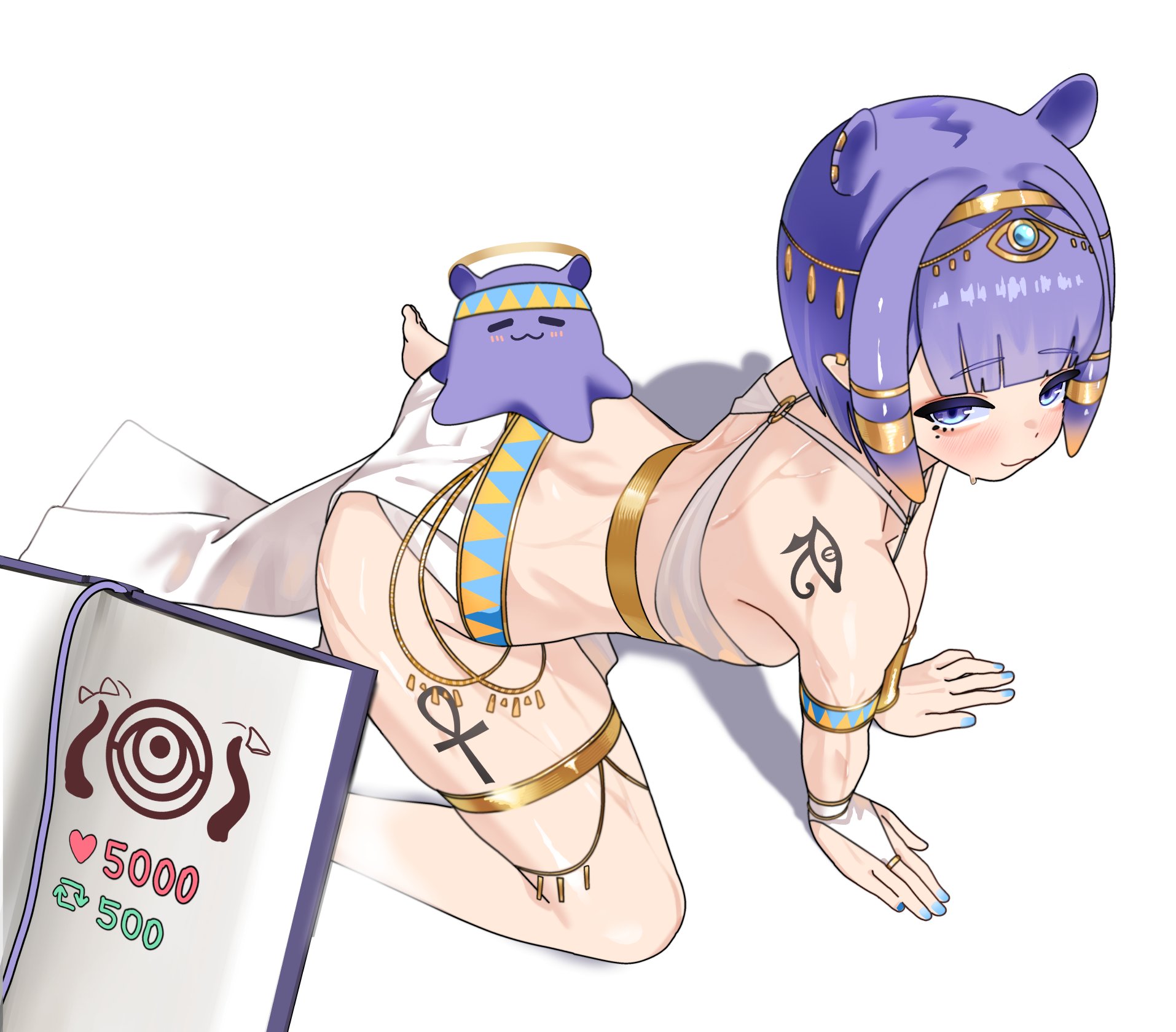 gurumie, ninomae ina'nis, takodachi (ninomae ina'nis), hololive, hololive english, commentary, english commentary, highres, 1girl, :3, all fours, alternate costume, ancient egyptian clothes, ankh, ankh tattoo, blue eyes, blue nails, breasts, bridal gauntlets, closed mouth, earclip, eye of horus, gold hairband, gold thighlet, gradient hair, hairband, like and retweet, looking at viewer, mole, mole under eye, multicolored hair, orange hair, purple hair, simple background, single bridal gauntlet, small breasts, tattoo, tentacle hair, virtual youtuber, white background