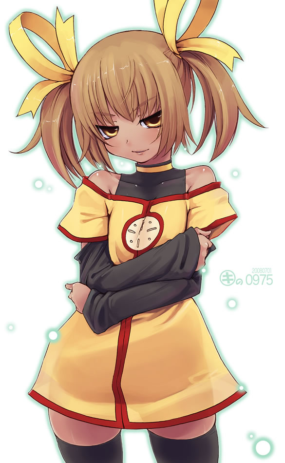 kei jiei, 1girl, cowboy shot, female focus, naughty face, ribbon, solo, thighhighs, twintails