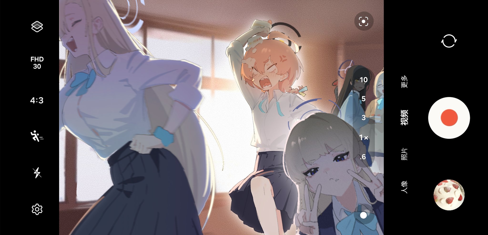 utsuru4, akane (blue archive), akane (school uniform) (blue archive), asuna (blue archive), asuna (school uniform) (blue archive), karin (blue archive), karin (school uniform) (blue archive), neru (blue archive), neru (school uniform) (blue archive), rio (blue archive), toki (blue archive), toki (school uniform) (blue archive), blue archive, highres, 6+girls, ahoge, anger vein, black eyes, black hair, black skirt, blank eyes, blonde hair, blush, breasts, cake, camera phone, collared shirt, double v, fake phone screenshot, fake screenshot, film grain, flat chest, food, food on face, halo, holding, holding food, indoors, laughing, long hair, looking at viewer, loose neck ribbon, medium breasts, multiple girls, neck ribbon, open mouth, red hair, ribbon, running, scrunchie, shirt, shirt tucked in, skirt, sleeves rolled up, taking picture, v, white shirt, window, wrist scrunchie