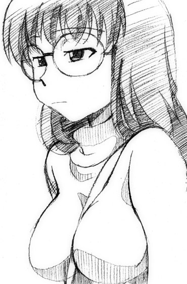 gofu, kiko's friend, mayuko (darker than black), darker than black, bad id, bad pixiv id, traditional media, 00s, glasses, greyscale, monochrome, sketch, solo