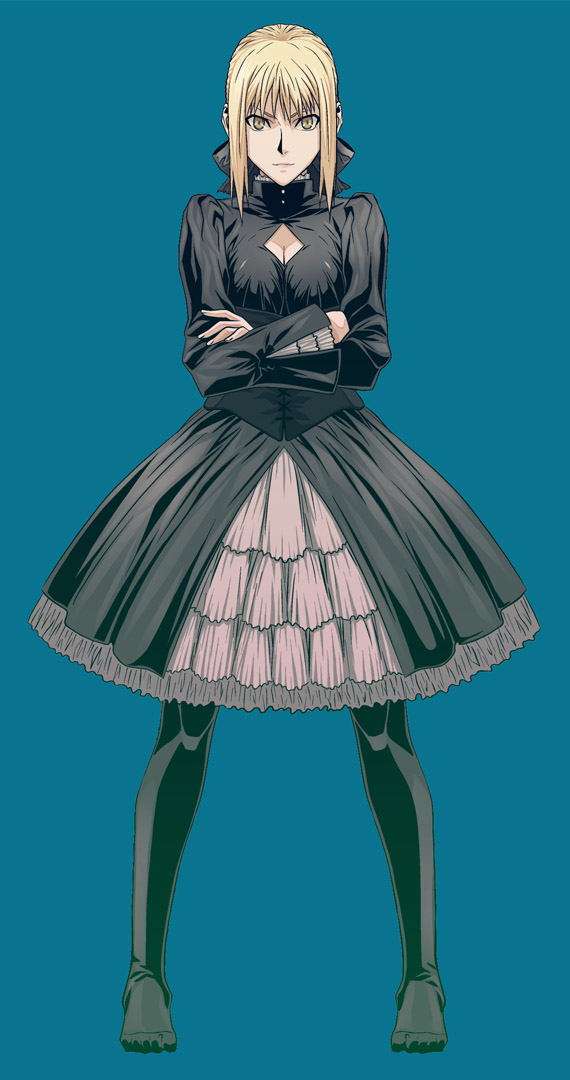 sami (object dump), artoria pendragon (fate), saber (fate), saber alter, saber alter (gothic lolita), fate/stay night, fate (series), bad id, bad pixiv id, 00s, 1girl, blonde hair, bow, breasts, cleavage, cleavage cutout, clothing cutout, corset, crossed arms, dress, female focus, frills, gothic lolita, lolita fashion, medium breasts, official alternate costume, pantyhose, solo, yellow eyes