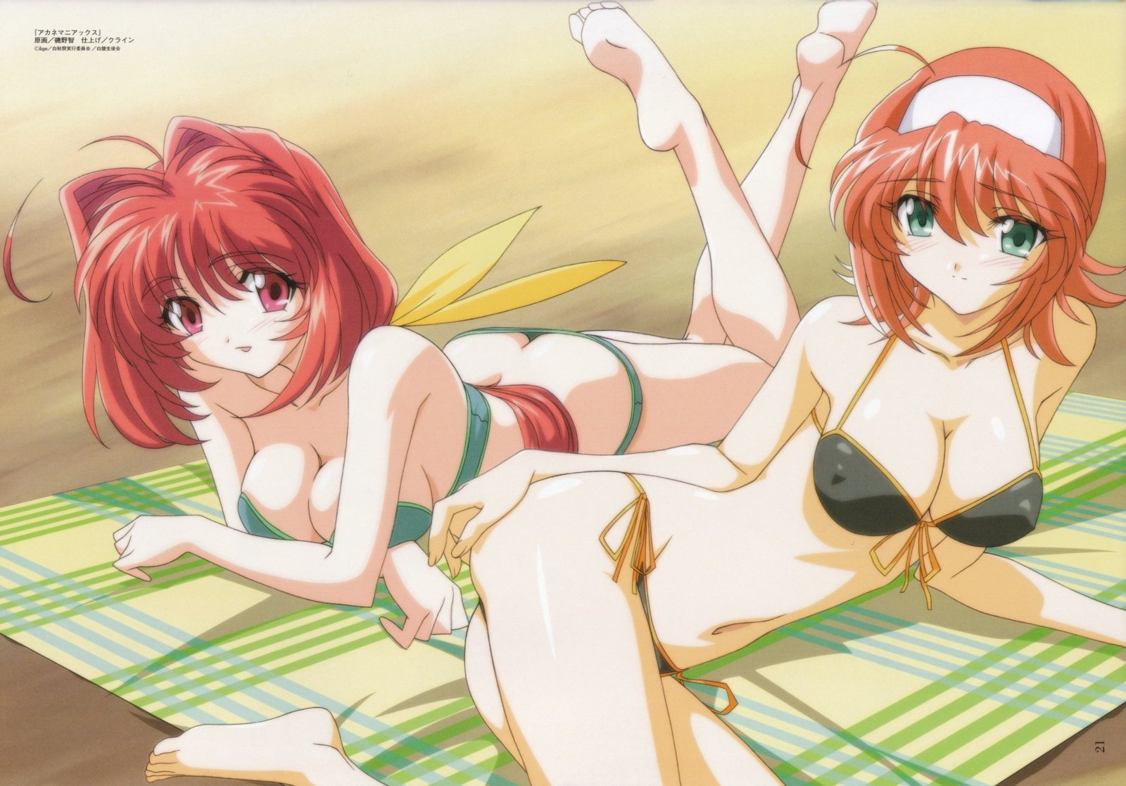 isono satoshi, kagami sumika, suzumiya akane, akane maniax, kimi ga nozomu eien, muv-luv, plaid, highres, official art, scan, 00s, 2girls, :d, ahoge, arm support, ass, bandeau, barefoot, beach, beach towel, bikini, black bikini, blush, breasts, butt crack, cleavage, covered erect nipples, crossed arms, crossover, day, feet, flipped hair, front-tie bikini top, front-tie top, green bikini, green eyes, groin, hair between eyes, hair intakes, hair ribbon, hairband, large breasts, legs up, light smile, long hair, low ponytail, lowleg, lowleg bikini, lying, multiple girls, on side, on stomach, open mouth, outdoors, page number, pink eyes, ponytail, red hair, ribbon, short hair, side-tie bikini bottom, smile, soles, string bikini, swimsuit, the pose, towel, very long hair