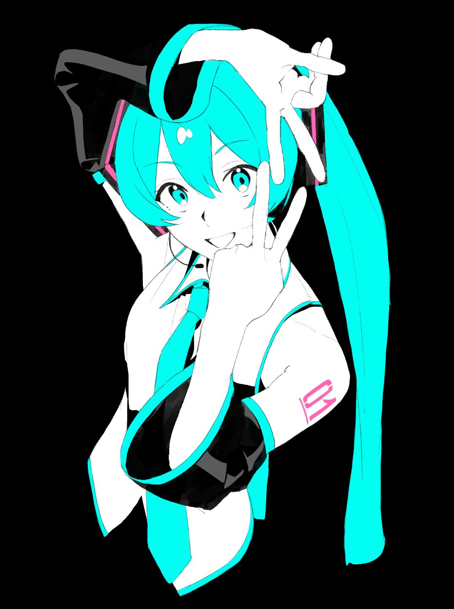 hatsune miku, vocaloid, highres, 1girl, aqua eyes, aqua hair, aqua necktie, arm tattoo, arm up, bare shoulders, blending, breasts, collared shirt, cropped torso, detached sleeves, double v, hand up, headset, hige (oekakikujira), long hair, looking at viewer, necktie, open mouth, shirt, small breasts, smile, solo, tattoo, twintails, upper body, v