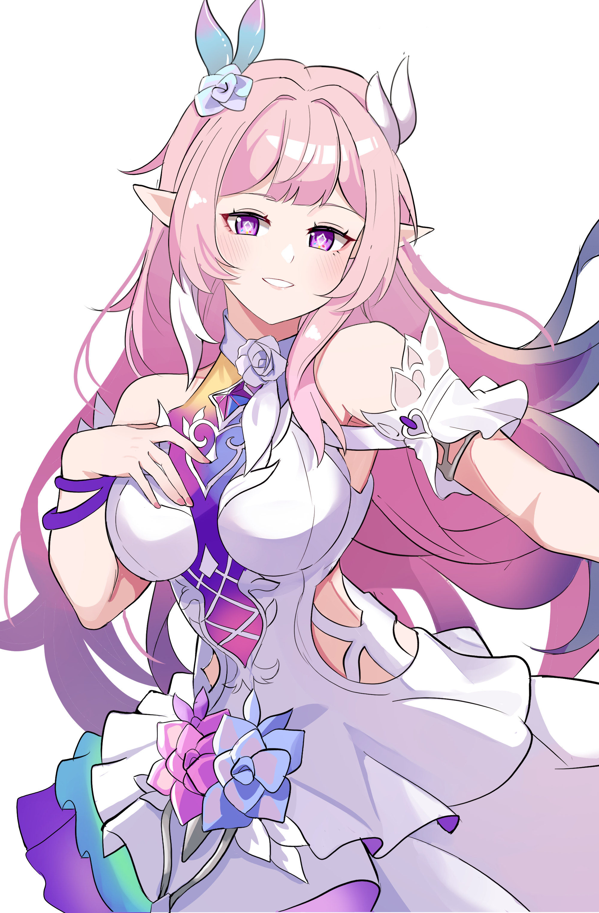 erushira, cyrene (honkai: star rail), cyrene (ripples of past reverie) (honkai: star rail), honkai: star rail, honkai (series), absurdres, commentary, english commentary, highres, 1girl, bare shoulders, breasts, clothing cutout, detached sleeves, diamond-shaped pupils, diamond (shape), dress, flower, hair flower, hair ornament, large breasts, long hair, looking at viewer, multicolored hair, pink hair, pointy ears, purple eyes, side cutout, simple background, smile, solo, symbol-shaped pupils, two-tone hair, very long hair, white background, white dress, white hair