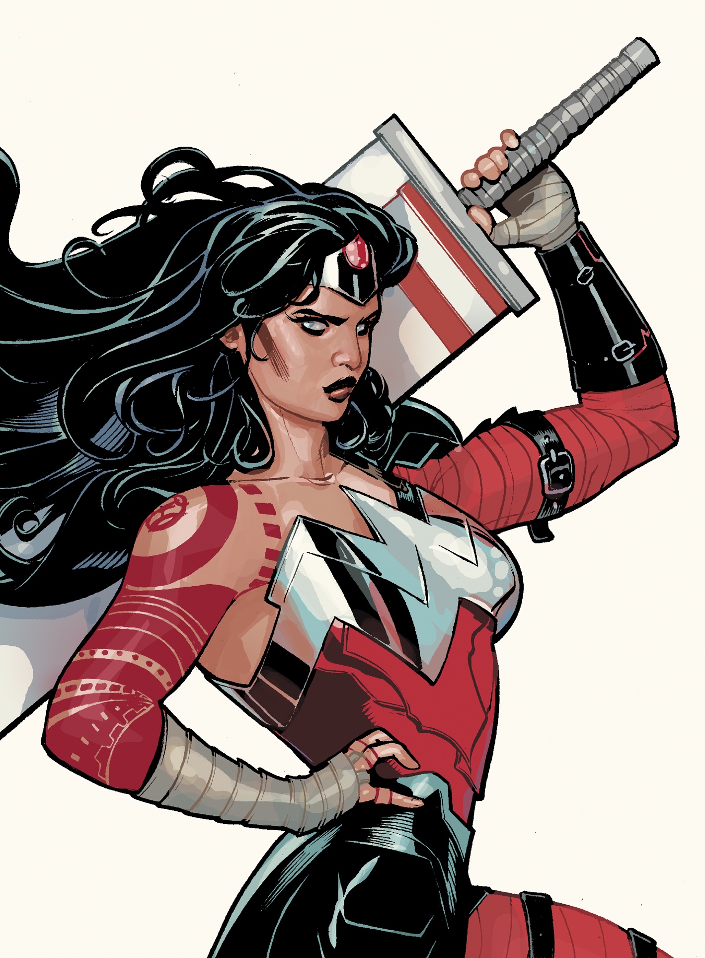 rachel dodson, terry dodson, wonder woman, absolute dc, absolute wonder woman, dc comics, artist collaboration, highres, 1girl, arm tattoo, black hair, hand on own hip, holding, holding sword, holding weapon, long hair, looking at viewer, official alternate costume, over shoulder, red tattoo, simple background, solo, sword, tattoo, tiara, weapon, weapon over shoulder, white background