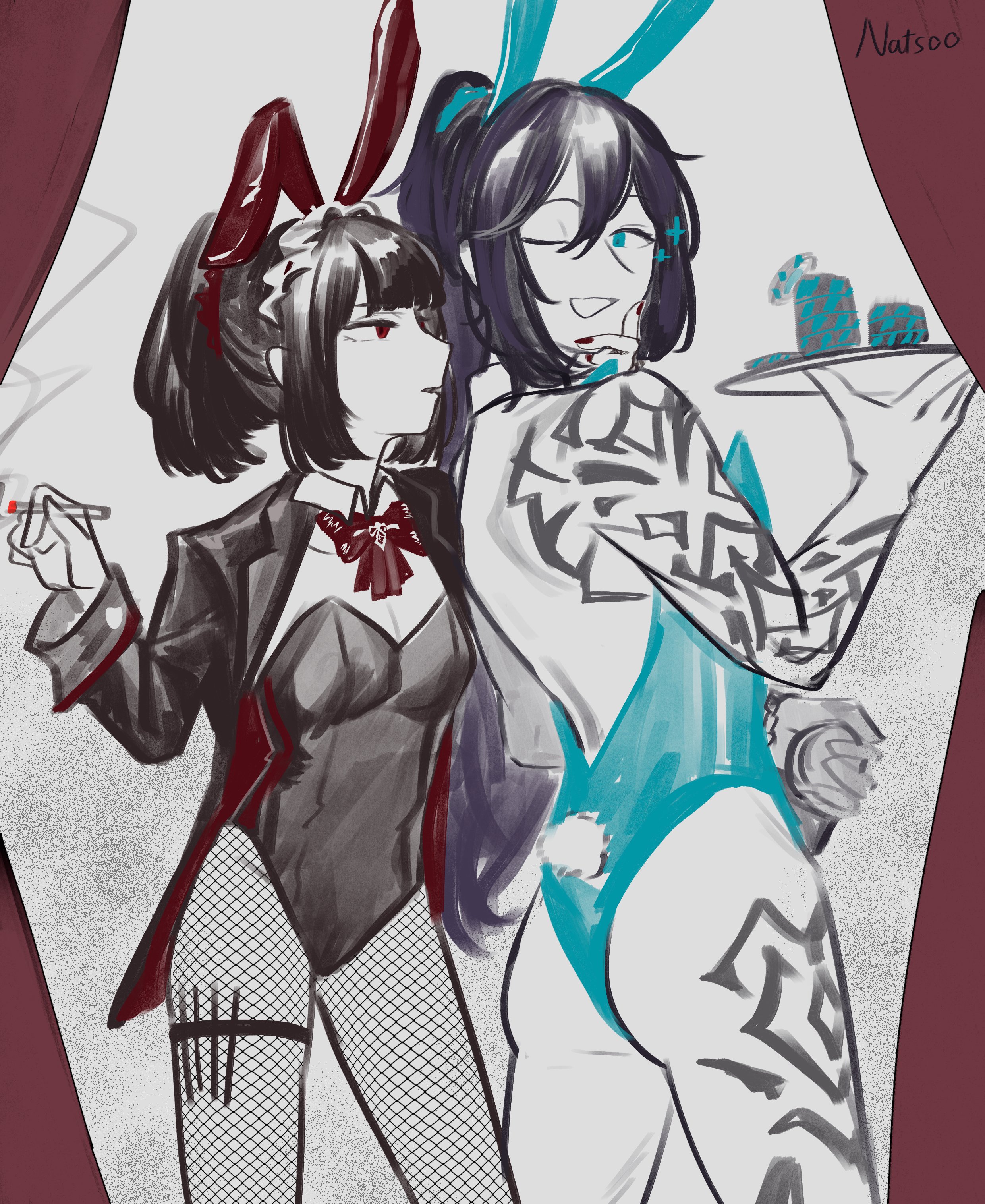 natsoo (natsoomeee), hong lu (project moon), ryoshu (project moon), limbus company, project moon, absurdres, highres, 1boy, 1girl, alternate costume, animal ear hairband, animal ears, arm tattoo, black hair, black jacket, black leotard, blue eyes, blue leotard, bow, bowtie, cigarette, detached collar, fake animal ears, fake tail, fishnet pantyhose, fishnets, hairband, high ponytail, holding, holding cigarette, holding tray, jacket, leg tattoo, leotard, long hair, looking at another, male playboy bunny, one eye closed, open mouth, pantyhose, playboy bunny, ponytail, rabbit ear hairband, rabbit ears, rabbit tail, red bow, red bowtie, red eyes, simple background, standing, strapless, strapless leotard, tail, tattoo, tingtang gang (identity) (project moon), tray, upper body, white background, wuthering heights (identity) (project moon)