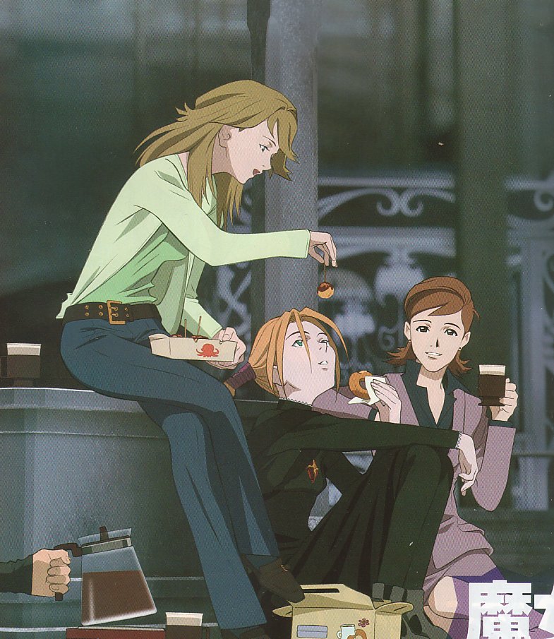 karasuma miho, robin sena, yurika doujima, witch hunter robin, official art, scan, 00s, 3girls, belt, blonde hair, blouse, box, brown hair, coffee, cup, donut, earrings, food, green eyes, green shirt, jewelry, multiple girls, necklace, pendant, shirt, stud earrings, takoyaki