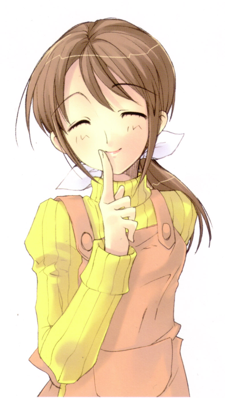 ito noizi, sakai chigusa, shakugan no shana, striped, highres, 00s, 1girl, apron, brown hair, closed eyes, female focus, finger to mouth, index finger raised, simple background, smile, solo, sweater, upper body, vertical stripes, white background