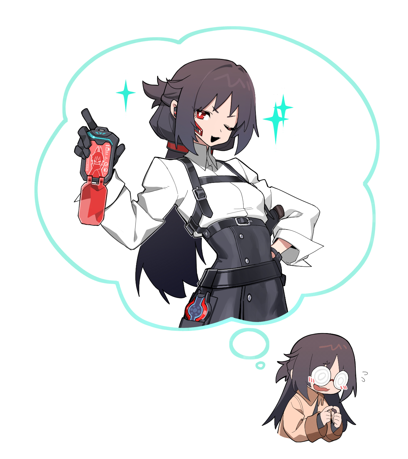 goz-zz, kamen rider, kamen rider zeztz (series), highres, black gloves, blush stickers, brown hair, buckle, cellphone, chest harness, coke-bottle glasses, earpiece, flying sweatdrops, genderswap, genderswap (mtf), glasses, gloves, hand on own hip, harness, holding, holding id card, holster, holstered, id card, imagining, index fingers together, jacket, long hair, low ponytail, one eye closed, open clothes, open jacket, open mouth, phone, ponytail, red eyes, round eyewear, shirt, simple background, smartphone, smug, sparkle, speech bubble, thought bubble, wavy mouth, white background, white shirt, yorozu baku