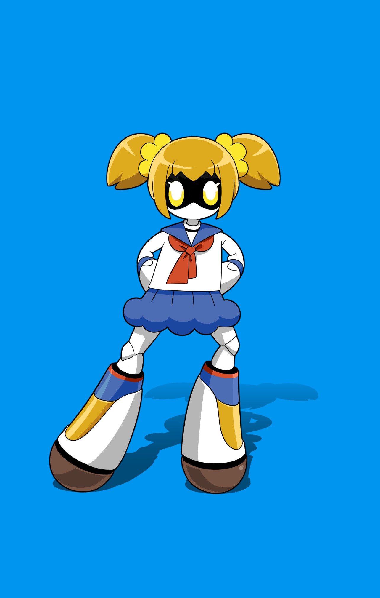 chamooi, popuko, voidoll, #compass, poptepipic, highres, 1girl, blue background, blue sailor collar, blue skirt, cosplay, full body, hair ornament, hair scrunchie, humanoid robot, long sleeves, looking at viewer, neckerchief, orange hair, poptepipic pose, popuko (cosplay), red neckerchief, robot, sailor collar, school uniform, scrunchie, serafuku, shirt, short hair, sidelocks, simple background, skirt, solo, two side up, white shirt, yellow eyes, yellow scrunchie