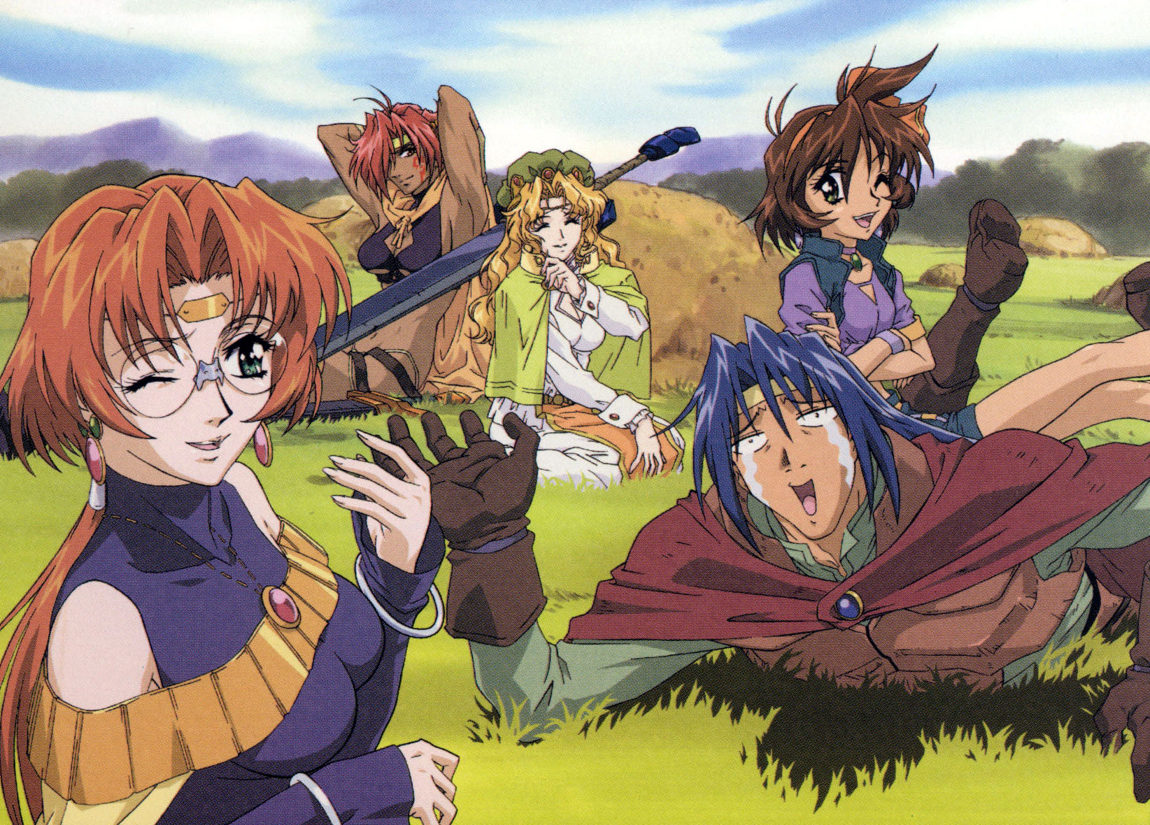 ila (mahou senshi louie), jeannie (mahou senshi louie), louie (mahou senshi louie), melissa (mahou senshi louie), merrill (mahou senshi louie), mahou senshi louie, highres, scan, scan artifacts, 00s, 1boy, 4girls, ^ ^, antenna hair, arms behind head, blonde hair, blue hair, boots, bracelet, breasts, brown hair, cape, circlet, cleavage, cleavage cutout, closed eyes, clothing cutout, crossed arms, dark skin, day, detached sleeves, dress, earrings, everyone, facial mark, flat chest, glasses, gloves, grass, green eyes, hair over one eye, hat, headband, huge weapon, jewelry, kneeling, large breasts, long hair, multiple girls, muscular, necklace, one eye closed, orange hair, outdoors, pendant, ponytail, red hair, short hair, shorts, sitting, sitting on person, sky, smile, sword, tattoo, tears, weapon, wink