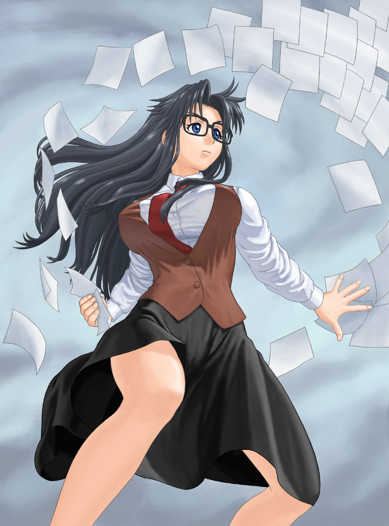 yomiko readman, read or die, 00s, 1girl, black hair, blue eyes, bouncing breasts, breasts, female focus, glasses, huge breasts, large breasts, long hair, necktie, paper, shirt, skirt, solo, white shirt