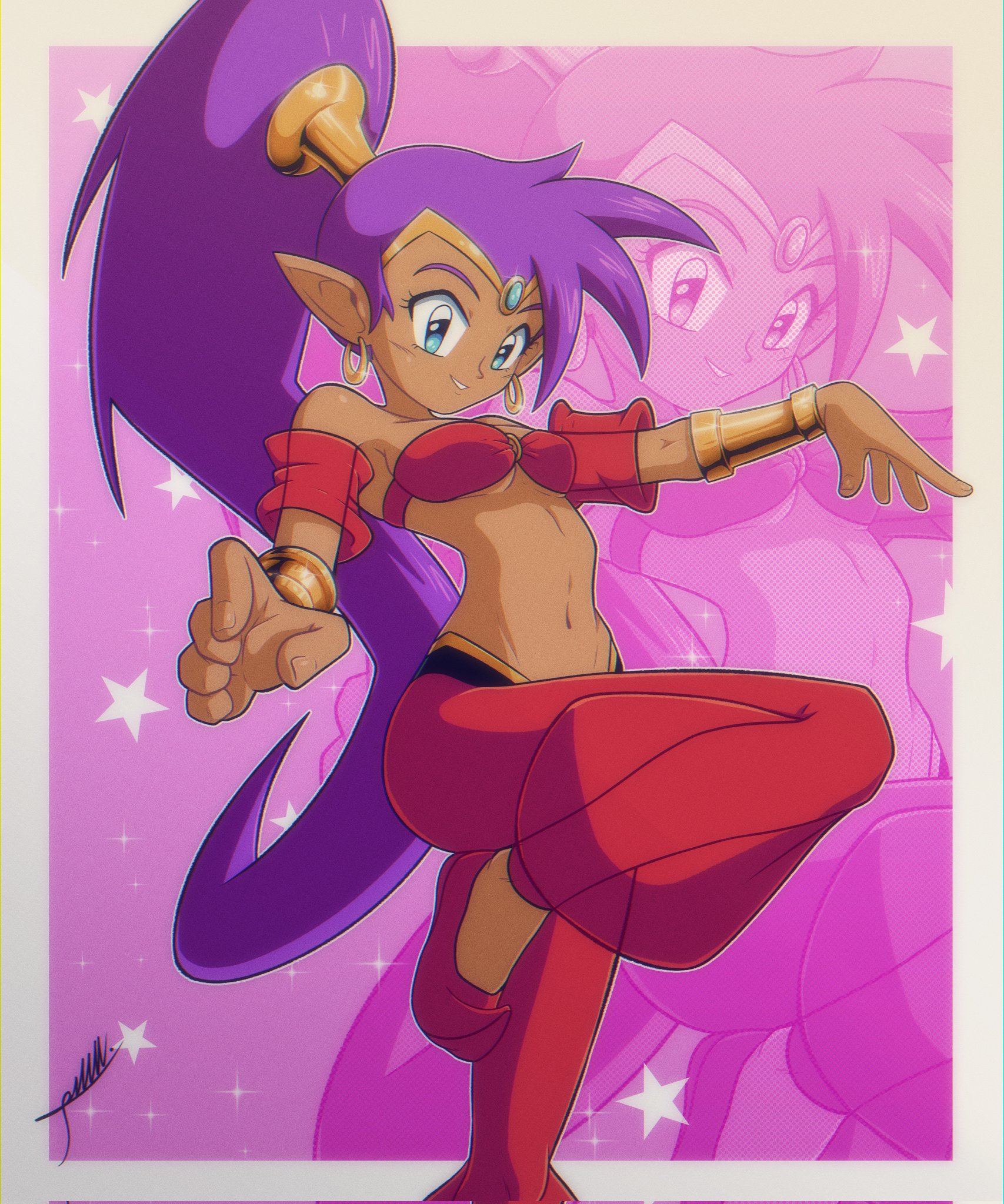 bhomba145, shantae, shantae (series), highres, 1girl, blue eyes, bra, bracelet, breasts, dark-skinned female, dark skin, earrings, jewelry, long hair, pants, pointy ears, purple hair, small breasts, standing, standing on one leg, underwear, very long hair