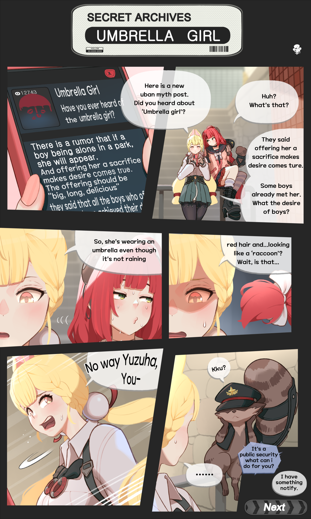 mmr.t, alice thymefield, ukinami yuzuha, zenless zone zero, highres, tagme, 2girls, animal ears, blonde hair, cellphone, english text, green eyes, multiple girls, nervous sweating, phone, rabbit ears, raccoon, red hair, sweat