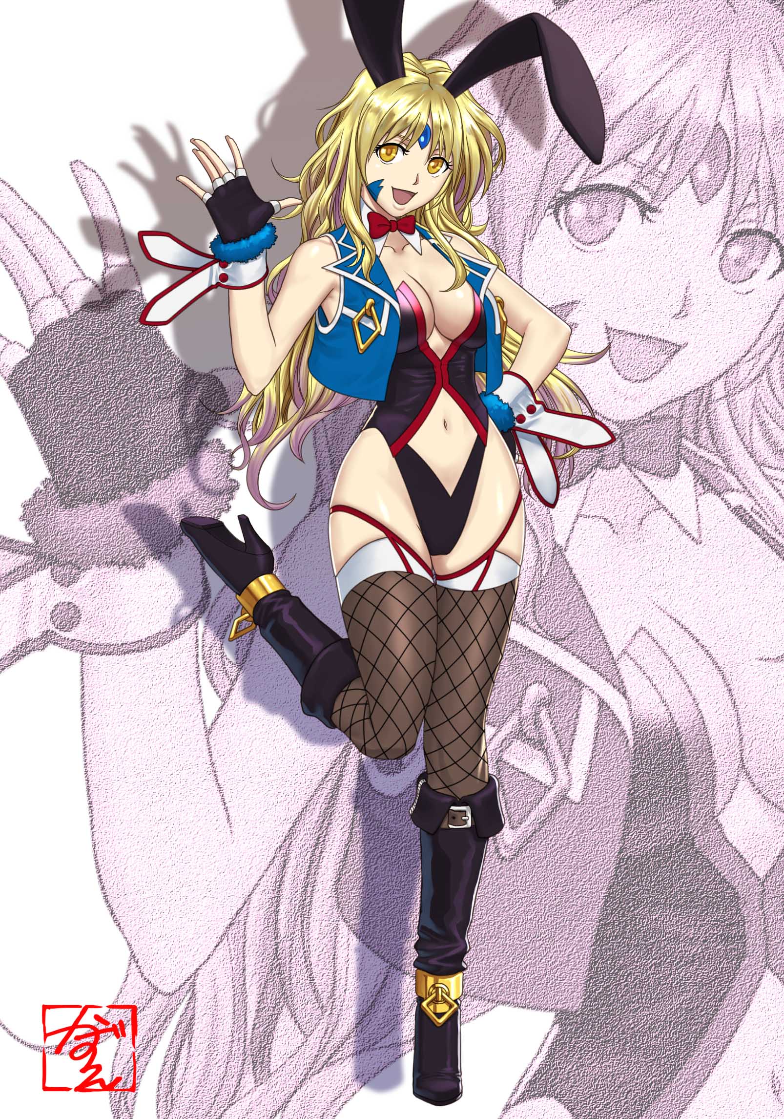 sheath (pxz), project x zone, project x zone 2, highres, 1girl, :d, animal ears, blonde hair, breasts, cleavage, fingerless gloves, fishnet thighhighs, fishnets, forehead jewel, full body, gloves, large breasts, long hair, looking at viewer, navel, open mouth, saitou kazue, smile, solo, thighhighs, yellow eyes